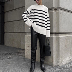 Black and White Striped Loose Sweater