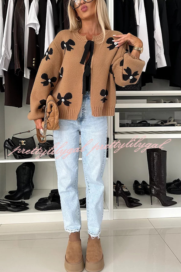 Vernie Knit Jewelry Pendant Bow Pattern Front Tie-up Long Sleeve Loose Cardigan