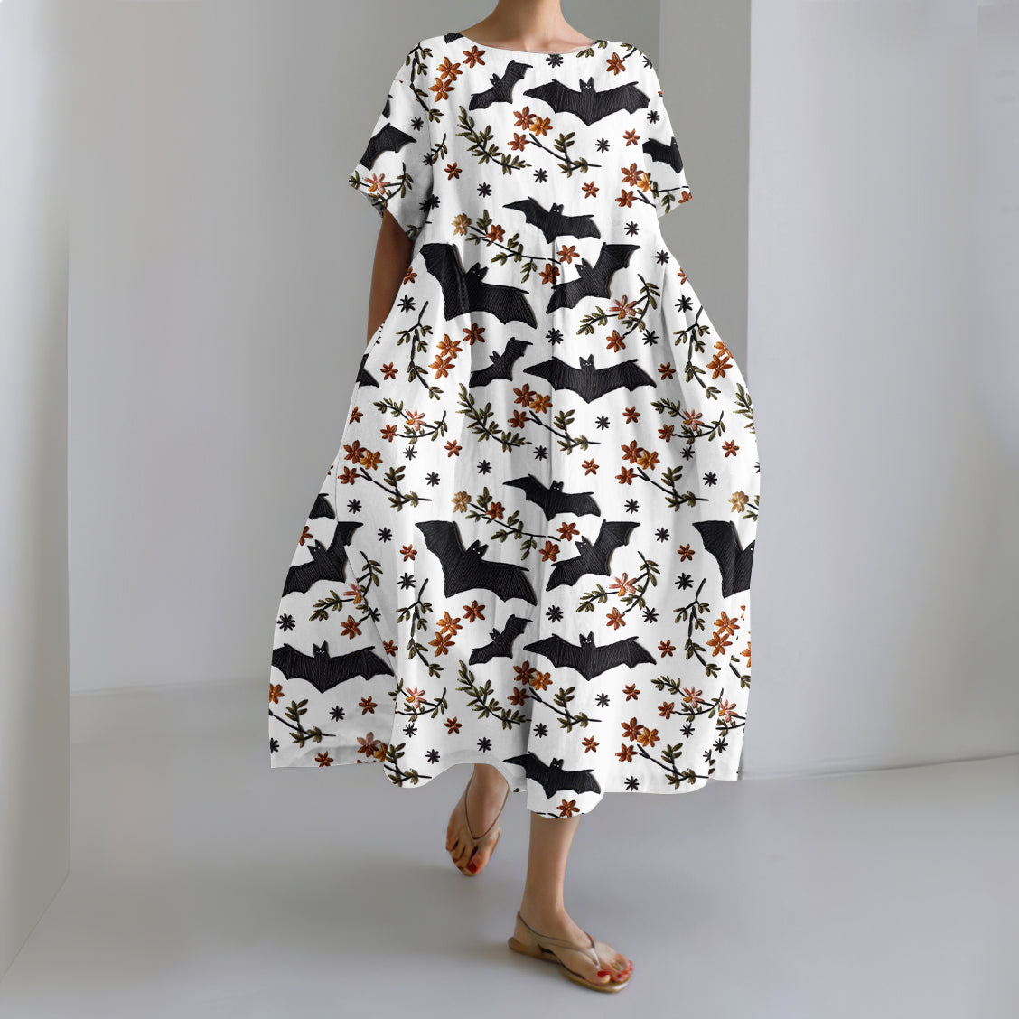 Halloween Bat Print Short Sleeve Loose Midi Dress