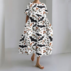 Halloween Bat Print Short Sleeve Loose Midi Dress