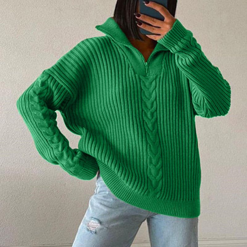 Polo Neck Twist Sweater Loose Casual Zipper Sweater
