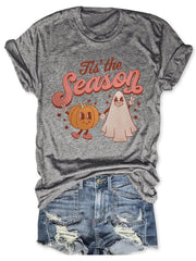 Tis The Season Halloween Pumpkin Ghost Print Crew Neck Casual T Shirt