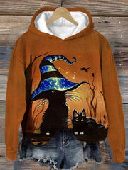 Funny Halloween Waiting For The Witch Black Cat Print Casual Hoodie