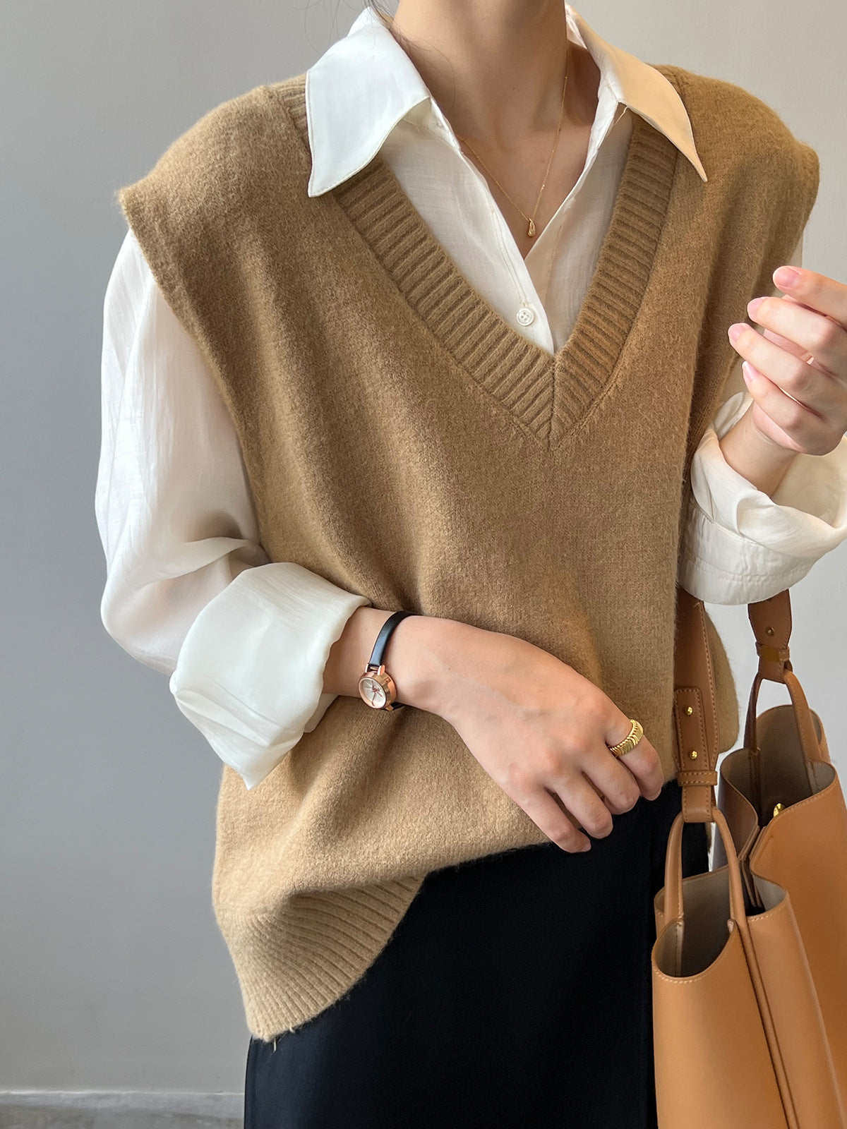 V-Neck Soft Waxy Loose Knit Vest