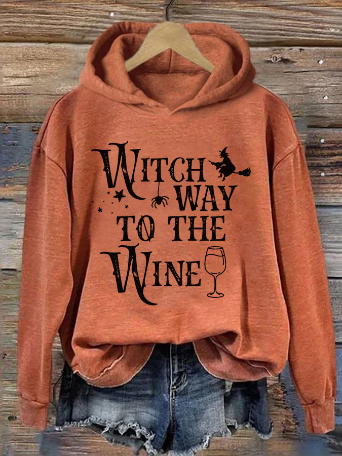 Women's Halloween Witch Way To The Wine Print Hoodie