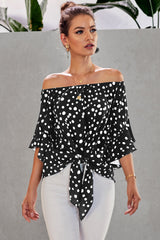 Women's Black Polka Dot 3/4 Bell Sleeve Front Tie Knot Off Shoulder Top