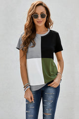 Women's Casual Army Green Colorblock Short Sleeve T-shirt with Slits