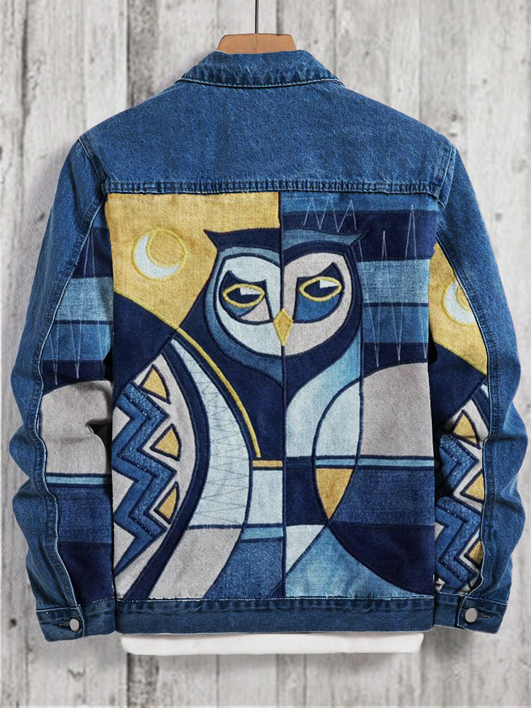 Owl Colorful Patchwork Art Denim Jacket