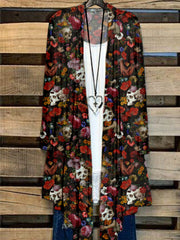 Mystic Horror Skulls And Antique Flowers Flowy Cardigan