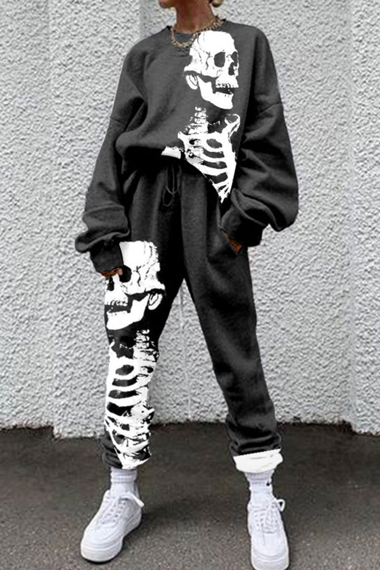 Casual Skull Print Long Sleeve Two Piece Set