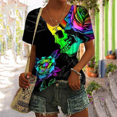 Rose Skull Print Short Sleeve T-Shirt