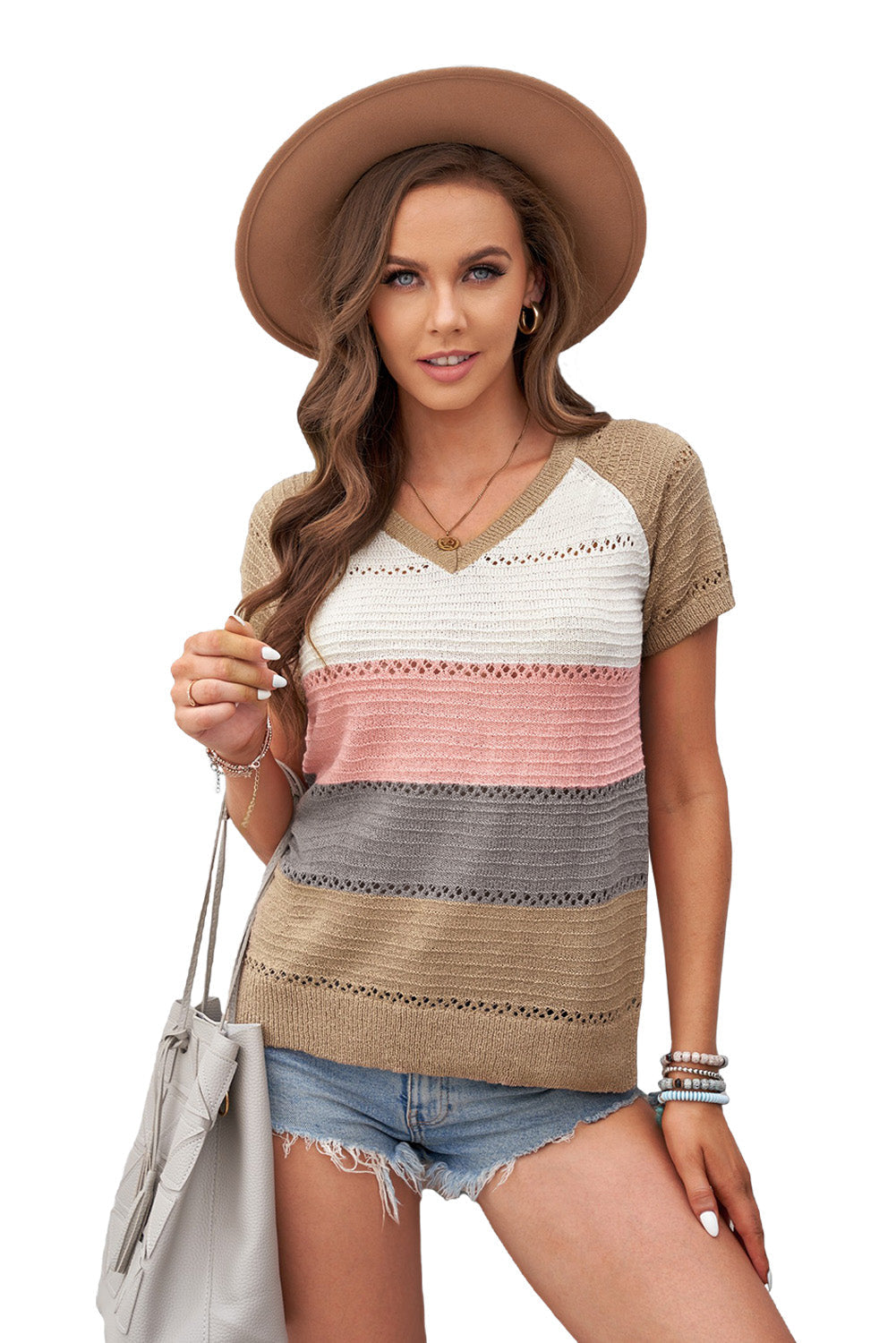 Women's Multicolor Stripe Print V Neck Short Sleeve Knitted Top