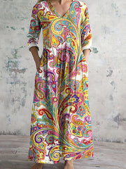 Ethnic Print V-Neck Loose Midi Dress