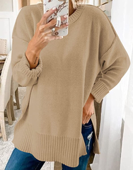 Women With Round Neck Long Sleeves And Slit Sweaters