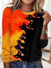 Halloween Cat Print Crew Neck Casual T-Shirt