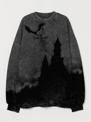 Halloween Spooky Castle Dark Forest Silhouette Washed Sweatshirt
