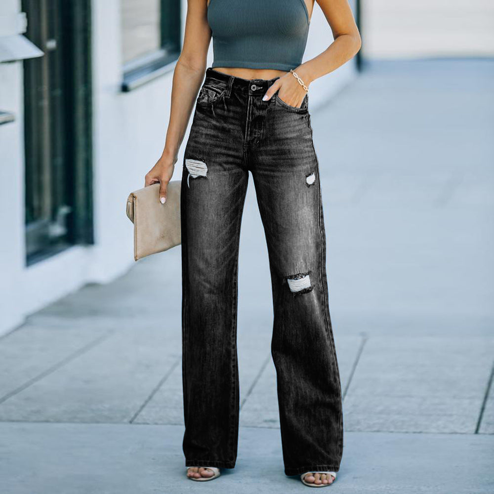 Women's Casual temperament ripped denim wide-leg pants