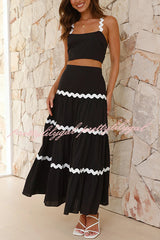 Island Beauty Wave Trim Patchwork Crop Tank and Elastic Waist Skirt Set