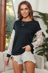 Women's Black Crochet Lace Long Sleeve Top