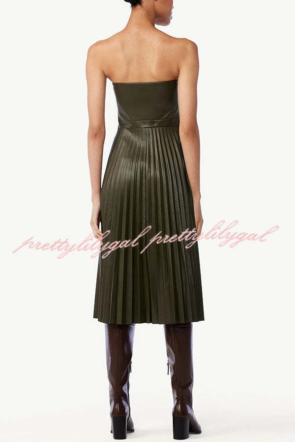 My Juliet Faux Leather Off Shoulder Strapless Pleated Stretch Midi Dress