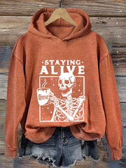 Staying Alive Skeleton Coffee Halloween Print Casual Hoodie