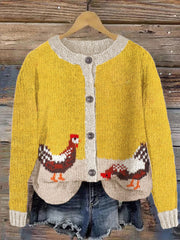 Farm Chicken Pattern Cozy Knit Cardigan