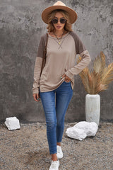 Women's Casual Khaki Color Block Raglan Long Sleeve Top