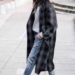 Fashion Plaid Print Long Woolen Coat