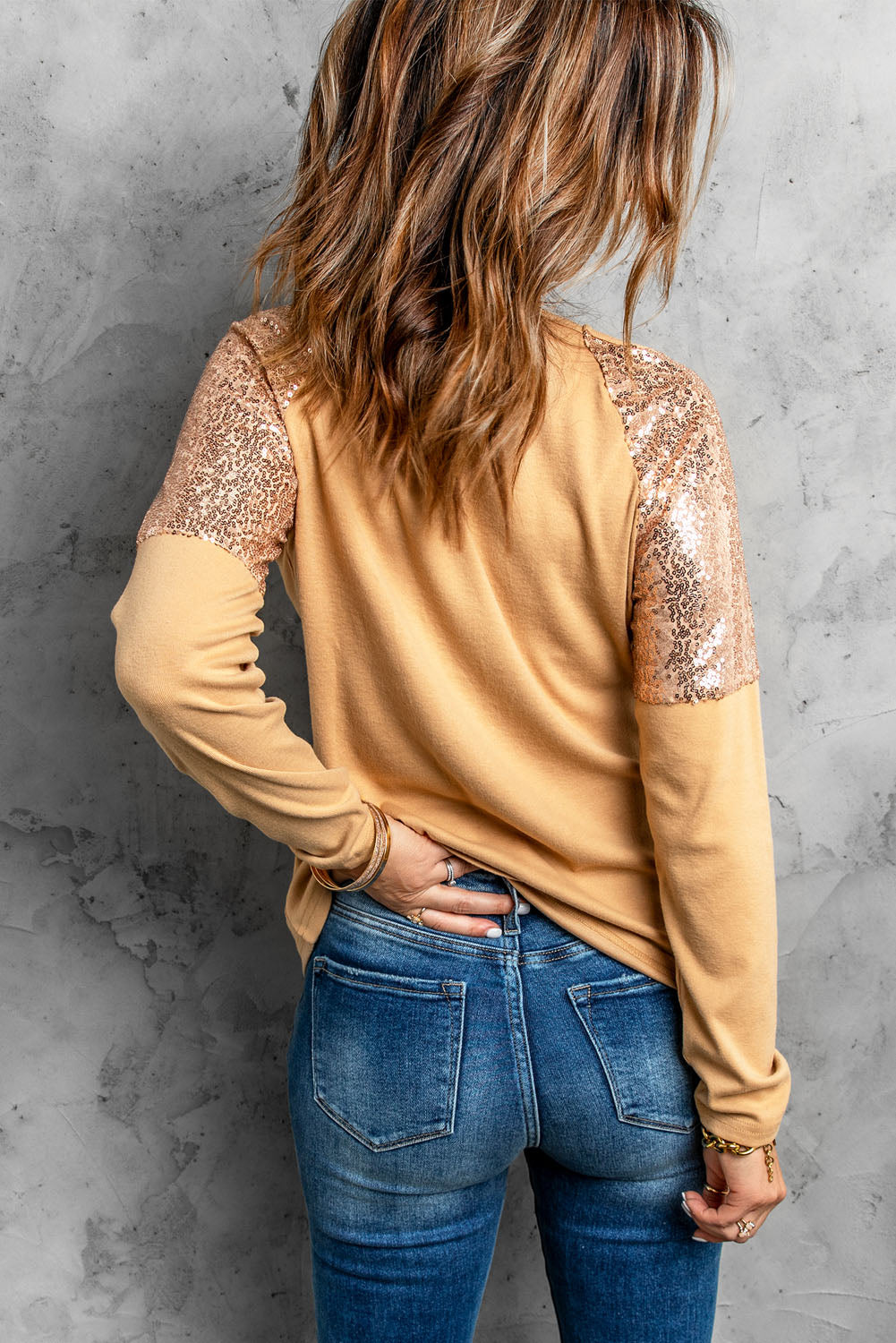 Women's Fashion Apricot Sequin Shoulder Long Sleeve Top