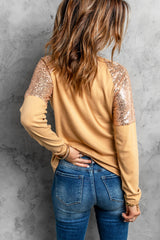 Women's Fashion Apricot Sequin Shoulder Long Sleeve Top