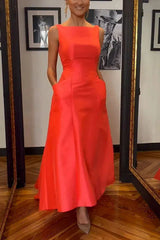 Metallic Moment Satin Boat Neck Pocket Asymmetric Trim Evening Maxi Dress