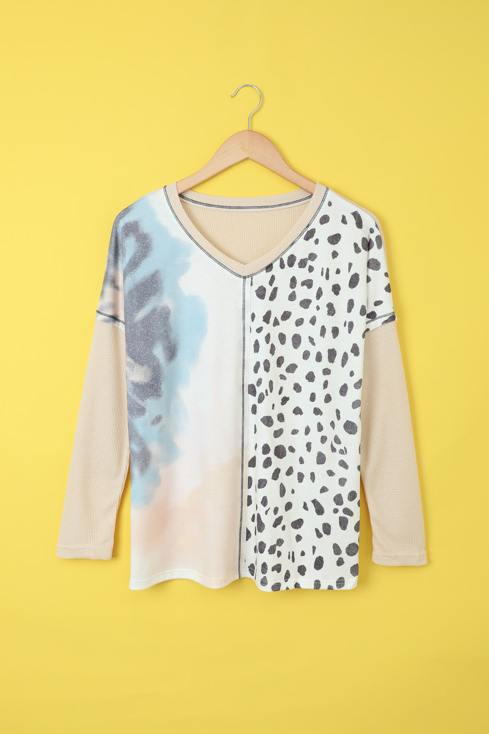 Women's Casual Apricot V Neck Tie-dye&Leopard Splice Waffle Knit Long Sleeve Top