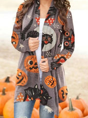 Halloween Pumpkin Cat Print Cardigan