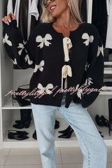 Vernie Knit Jewelry Pendant Bow Pattern Front Tie-up Long Sleeve Loose Cardigan