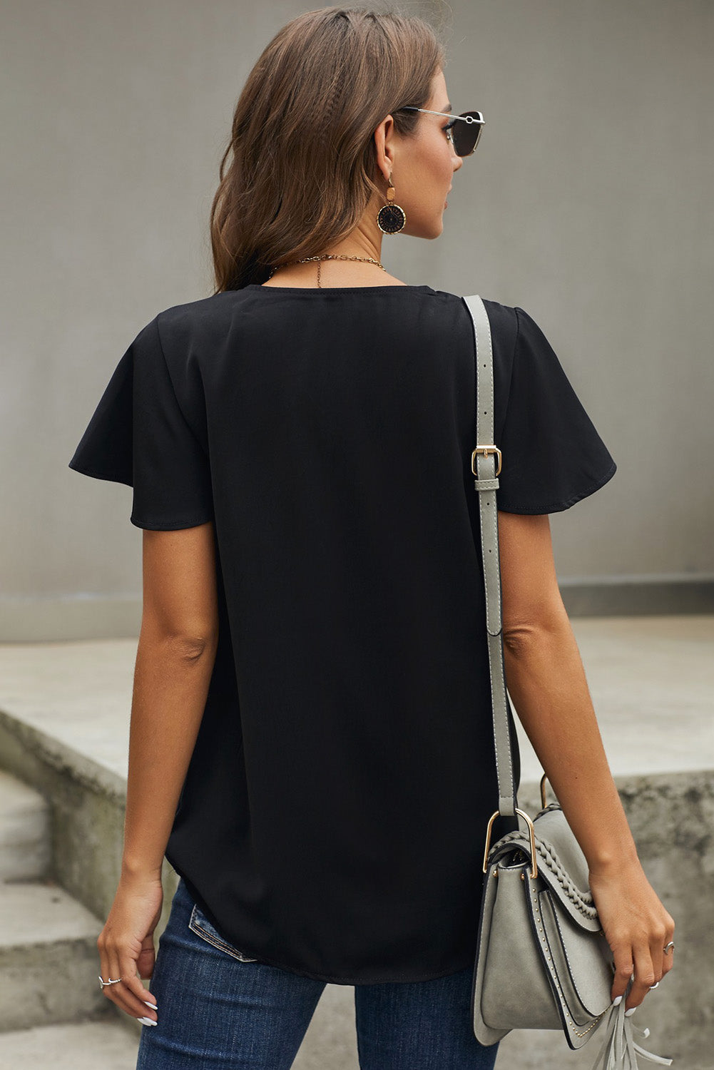 Women's Casual Black V Neck Short Sleeve Tee