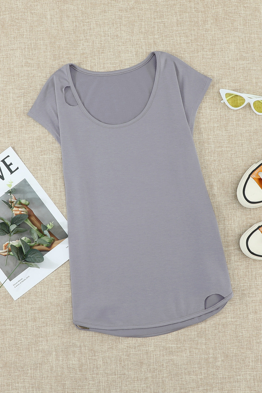 Women's Gray Summer Short Sleeve Cut Out T-shirt
