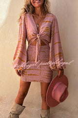 Felisa Unique Print Balloon Sleeve Tie-up Smocked Stretch Mini Dress