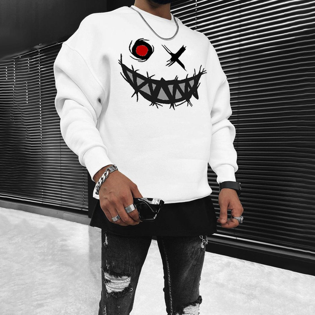 Halloween Smiley Print White Oversized Sweatshirt