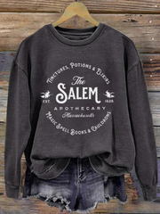 Women's Salem Massachusetts Happy Halloween Witch Printed Round Neck Long Sleeve Sweatshirt