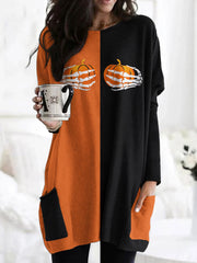 Contrasting Color Grunt Pumpkin Print Tunic