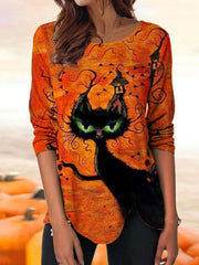 Halloween Cat Print Long Sleeve Casual T-Shirt