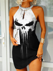 Skull Graffiti Contrast Color Slim Fit Mini Dress