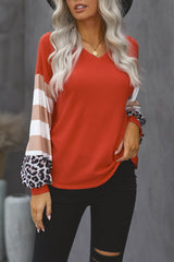Women's Red V Neck Lantern Sleeve Leopard Stripe Splice Long Sleeve Top