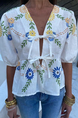 Floral Print V-neck Tie Lantern Sleeve Loose Top