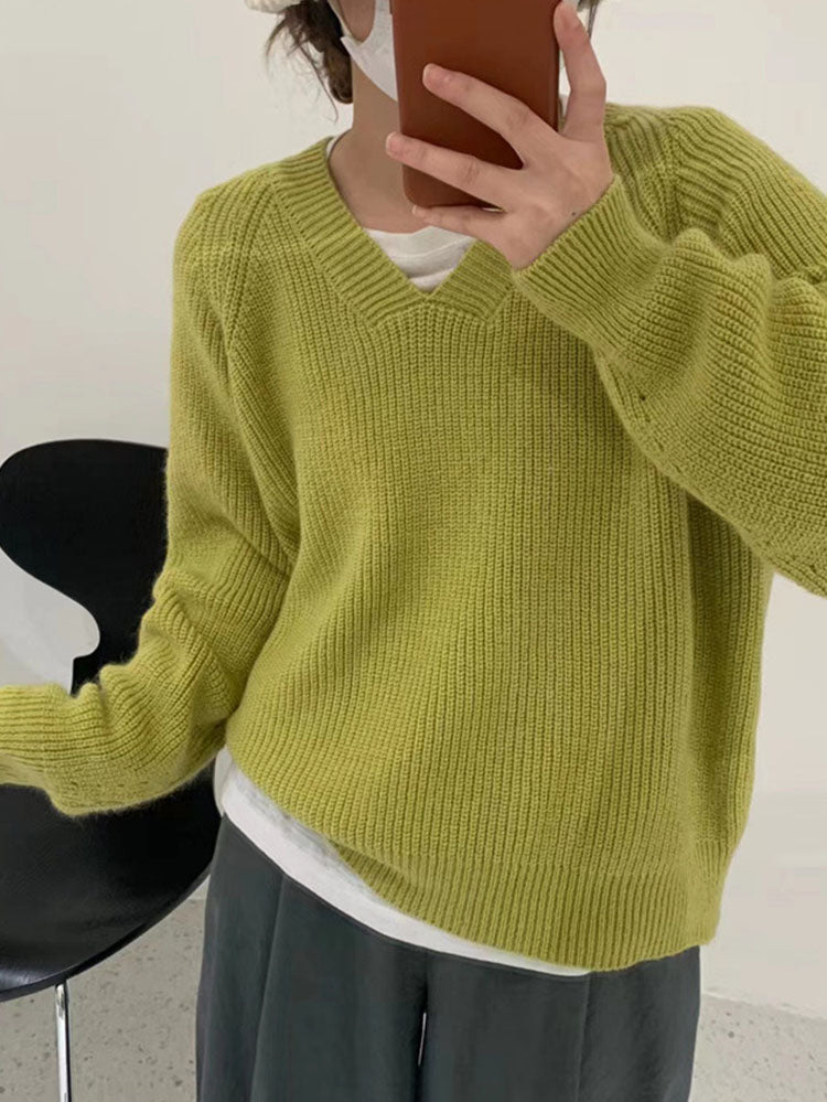 V-neck Soft Waxy Loose Gentle Knit Sweater
