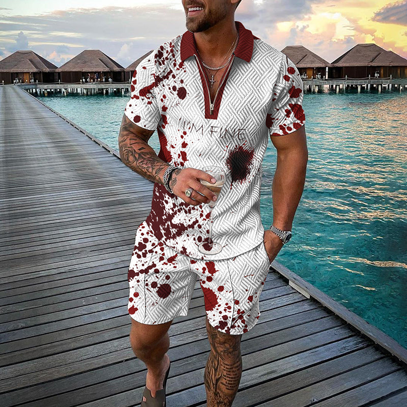 Men's Halloween I'm Fine Causal Print Short Sleeve Polo Shirt And Shorts Co-Ord