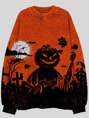Halloween Pumpkin Skull Face Print Sweatshirt