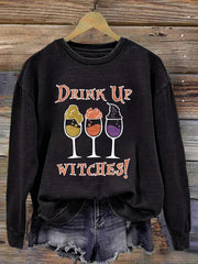 Halloween Drink Up Witches Printed Casual Sweatshirt