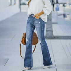 Women's ripped high elastic denim flared pants