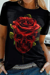 Rose Skull Print Crewneck T-Shirt